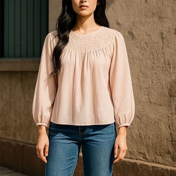 NWT DownEast Pleated Yoke Long Sleeve Blouse Light Beige Blush Size Small NEW - Picture 1 of 15